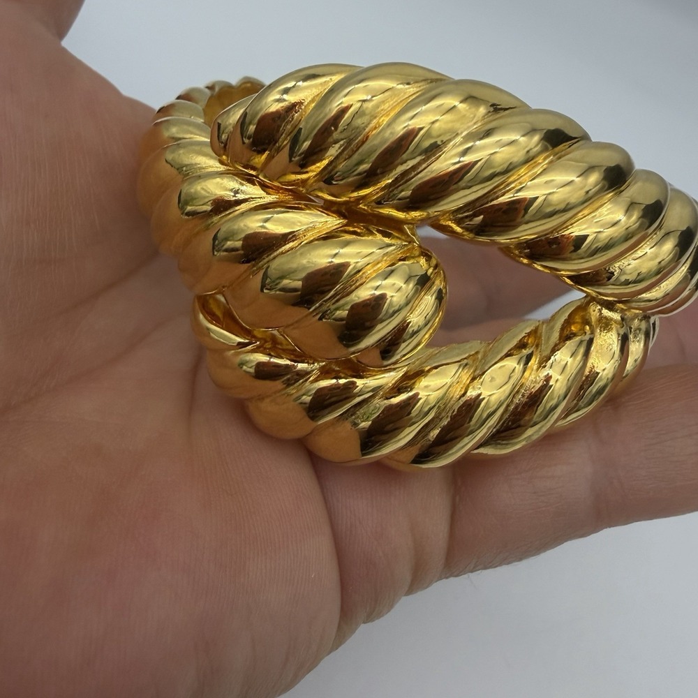 Vtg 80s Chunky Gold Tone Rope Hinged Bracelet Twisted Cuff By Pass Ribbed Heavy